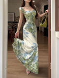 Monet Garden Wind Green Sling Dress Female Summer Temperament Lotus Leaf Side Holiday Dress Seaside Beach Dress