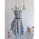 Design Feel Waist Thin Splicing Irregular Skirt Blue Tie Sling Dress Women's Summer
