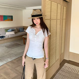 Super-Good-Looking Cotton Pocket Button V-Neck Short-Sleeved T-Shirt For Women's Summer 2026 New Popular Explosive Tops This Year
