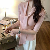 2026 Early Spring Shopping Mall V-Neck Short-Sleeved Knitted Shirt Women's Spring And Summer Temperament Autumn Harvest Waist Thin Short-Sized Belt