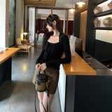 Temperament Square Tie Design Feel White Inside The Bottom Shirt Women's Autumn And Winter 2025 New Long-Sleeved T-Shirt Short Top