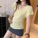 Korean Dopamine Wearing Yellow V-Neck Shoulder Short-Sleeved T-Shirt For Women 2025 Summer New Unique Beauty Small Top