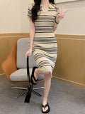 Striped Poolo Dress Girl Spring And Summer Lap-Up Short-Sleeved T-Shirt Bag Hip Dress Over Knee Ice Knitted Dress