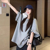 Gray Tie With Round-Neck Short-Sleeved T-Shirt 2026 New Casual Temperament Lazy Wind Loose Long Top