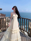 Beach Temperament Dress Sling Holiday Dress Beige Sexy Showy Fairy Summer Mop Atmosphere