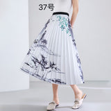 2025 New High-Rise Half-Dress Woman Tight Waist Ink Print Design Sense A-Character Skirt In The Long Folded Skirt