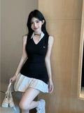 College Wind Fake Two Shirt Dress Women Summer Slimming Waist Thin Temperament Sleeveless Vest Skirt