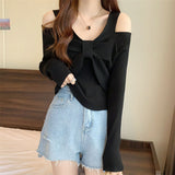 2025 New Temperament Goddess Fan French Small Body Slim Design Feel Shoulder Bows Thin Knitting Tops