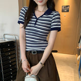 Hanli Hanqi Design Striped Collar Front Shoulder Short-Sleeved T-Shirt Women 2025 Summer New Beautiful Top