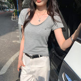 Sweet And Gentle Wind Shoulder U Collar Two Short-Sleeved T-Shirt Women's Summer 2026 New Burst Small Short Top
