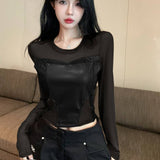 2025 Wear Design-Sensitive Mesh Splicing Fashion Long-Sleeved Top Women's Spring Fashion Style Short T-Shirt