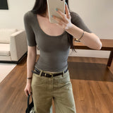 Beautiful Pink U-Neck Threon Shoulder Five-Sleeved T-Shirt 2026 New Small Kochi Beautiful Top