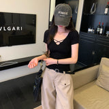 Pink Sister Babes Hollow V-Neck Short-Sleeved Knitted Shirt Women's Summer 2026 New High-End Feeling Small Top
