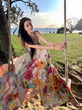 Tea Break French Pure Lust Colorful Broken Flower Sling Ribbon Flowing High-Rise Vacation Dress Bohemia Seaside Dress