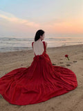 Red-Dewed V-Neck Dress New Thin Thai Sanya Seaside Beach Dress Atmosphere