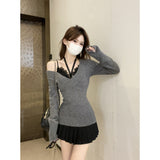 2026 Early Spring V Tie With Long Sleeve Folded Knitted Shirt Girl Autumn And Winter Sexy Inside Repair Waist Design Tide