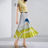 2025 New High-Rise Half-Dress Woman Tight Waist Ink Print Design Sense A-Character Skirt In The Long Folded Skirt