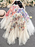 2025 New Design Sweet Floral Cake Skirt Half-Body Dress Women High Waist Thin Irregular Mesh Fairy Dress