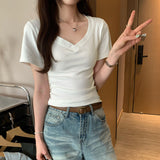 Small Design Pure Passion Hot Babes Shoulder V-Neck Thin Short-Sleeved T-Shirt Girls Summer New 2025 Explosion Top