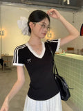 Black V-Neck Lace Short-Sleeved T-Shirt For Women's Summer 2026 New Slimming Sports Hottie Style Sexy Blouse