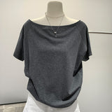 2026 Spring And Summer Relaxed Leisure Light And Comfortable A Word Shoulder Oblique Shoulder Two Wearing Short-Sleeved T-Shirt Zhang Jingyi The Same Top