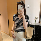 Hanli Hanqi Design Striped Collar Front Shoulder Short-Sleeved T-Shirt Women 2025 Summer New Beautiful Top