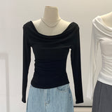 2026 Early Spring Korean Chic Sweet Spicy Shoulder Slanted Shoulder Collar Long-Sleeved T-Shirt Women's Early Autumn Slim Slim Top