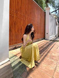 French Temperament V-Neck Yellow Lattice Waist-Skin-Skin-Hanging Neck Dress Thai Seaside Tourism Holiday Dress Woman