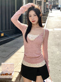 Korean Sweet Lace Broken Flower Fake Two Long-Sleeved T-Shirt Women Early In The Spring To Put On A Shirt Slim Thin Top