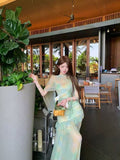 French Green Mesh Sling Dress Women's Summer Seaside Holiday Temperament To Repair Height And Waist-Coat Long Skirt