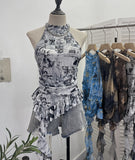 Trend Irregular Hanging Neck Dyeing Net Yarn Vest Lotus Side Ribbon Short Sleeveless Top 9969