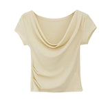 Real-Action Design Design Collar Slim Thin Elastic Short-Sleeved T-Shirt Women's Summer 2025 New Hot Girl Short Top