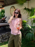 Pink Oblique Shoulder Flower Chiffon Top Female Summer Korean Design Sweet Little Man Multi-Layer Lotus Leaf Side Vest