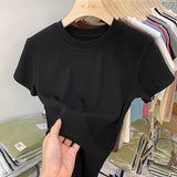 European Ice Silk Mask Gray T-Shirt Women's Short-Sleeved Summer 2025 New Knitted Bottom Collar Top
