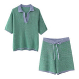 2025 New Women's Loose Knitting POLO Shirt Blond High-Waisted Knit Shorts Set 6427041