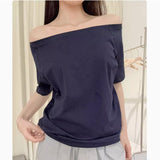 2026 Spring And Summer Relaxed Leisure Light And Comfortable A Word Shoulder Oblique Shoulder Two Wearing Short-Sleeved T-Shirt Zhang Jingyi The Same Top
