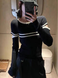 Clamming Striped Gray Hollow Long-Sleeved Sweater Women's Spring And Autumn Design Elastic Inside The Repair Knitted Shirt Top