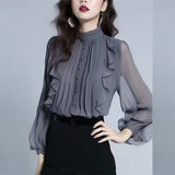 High-End Chiffon Collar Shirt Women's Spring And Autumn New Fashion High-End Feel Leaf Side French Long-Sleeved Shirt Top