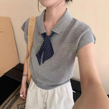 Grey Short-Sleeved T-Shirt Women 2026 New Summer Loose Ribbon Polo Shirt Temperament Thin Ribbon Knitting Top