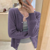 2026 Spring And Autumn New Round-Necked Purple Short Knitted Small Cardigan Loose Outer Sweater Coat For Women