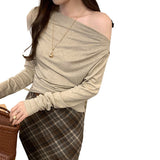 2026 Early Spring Slanted Shoulder Hottie With Long Sleeves And Bottom Shirts In Autumn And Winter Shoulder High-Level Temperament T-Shirt