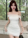 French One-Word Shoulder White Dress Women Summer Pure Temperament Slimming Waist Hottie Ass Short Skirt
