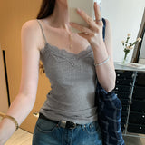 Vintage Gray Lace Spliced Sleeveless Sling Vest Woman 2025 Summer New Sexy Hottie Top