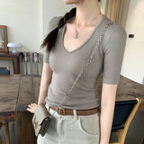 Mint Green Knitted Top Women's Summer 2025 New Thin U-Neck Fashion Fashion Slim Slim Slim Short-Sleeved T-Shirt