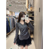 2025 Autumn And Winter Korean Version Pure Desire Gentle Nails Heavy Industry Lace V Collar Andy Velvet Knitted Bottom Shirt Top