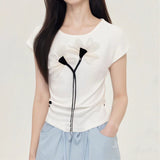 Spring And Summer New Korean Version Of The Fashion Ocean Cross-Fold Waist Fold Three-Dimensional Flowers Knitted Short-Sleeved Top