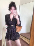 French Temperament V-Neck Broken Floral Dress Women Autumn 2025 New High-End Small Man To Collect The Waist Thin Short Skirt