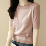 Short-Sleeved Knitted T-Shirt Women 2026 Summer New Solid Half-High Collar Chic High-Grade Ice Silk Black Top Thin