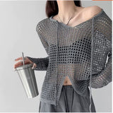 Loose Hollow Knitted Shirt Design Long-Sleeved Top Women Spring Summer New Open Fork Hooded Shirt Niche Blouse Tide