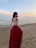 Red-Dewed V-Neck Dress New Thin Thai Sanya Seaside Beach Dress Atmosphere